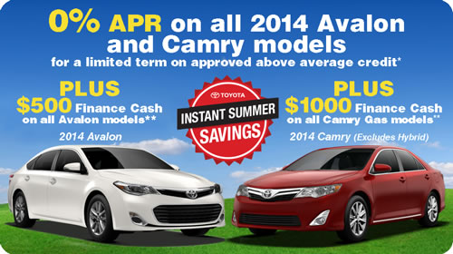 0% APR on all 2014 Avalon and Camry models for a limited term on approved above average
credit*
